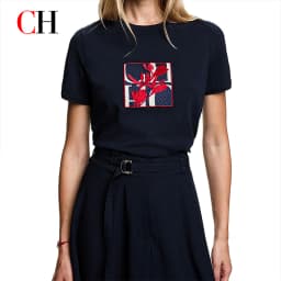 CH Women's Short-Sleeved T-Shirt, with a Round Neckline and Featuring a Red Floral embroidery Design, a Casual Everyday Top