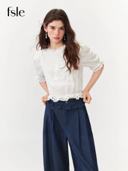 FSLE French Retro Puff Short Sleeve Round Neck Blouse for Women Summer Elegant Ins Chic Cropped Tops Cotton White