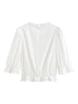 FSLE French Retro Puff Short Sleeve Round Neck Blouse for Women Summer Elegant Ins Chic Cropped Tops Cotton White