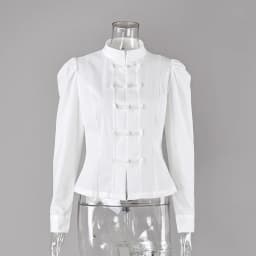 Linad Chinese Style White Print Stand Collar Shirts Female 2026 Vintage Black Puff Sleeve Blouse Women Street Chic Button Up Top