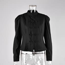 Linad Chinese Style White Print Stand Collar Shirts Female 2026 Vintage Black Puff Sleeve Blouse Women Street Chic Button Up Top