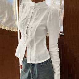 Linad Chinese Style White Print Stand Collar Shirts Female 2026 Vintage Black Puff Sleeve Blouse Women Street Chic Button Up Top