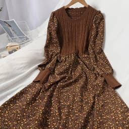 2026 Autumn Winter New Korean Patchwork Bandage Long Sleeved Knitted Dress Women's Fashion Slim Sweet Corduroy Flower Dresses