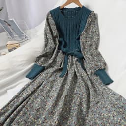 2026 Autumn Winter New Korean Patchwork Bandage Long Sleeved Knitted Dress Women's Fashion Slim Sweet Corduroy Flower Dresses