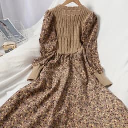 2026 Autumn Winter New Korean Patchwork Bandage Long Sleeved Knitted Dress Women's Fashion Slim Sweet Corduroy Flower Dresses