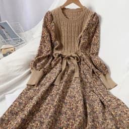 2026 Autumn Winter New Korean Patchwork Bandage Long Sleeved Knitted Dress Women's Fashion Slim Sweet Corduroy Flower Dresses