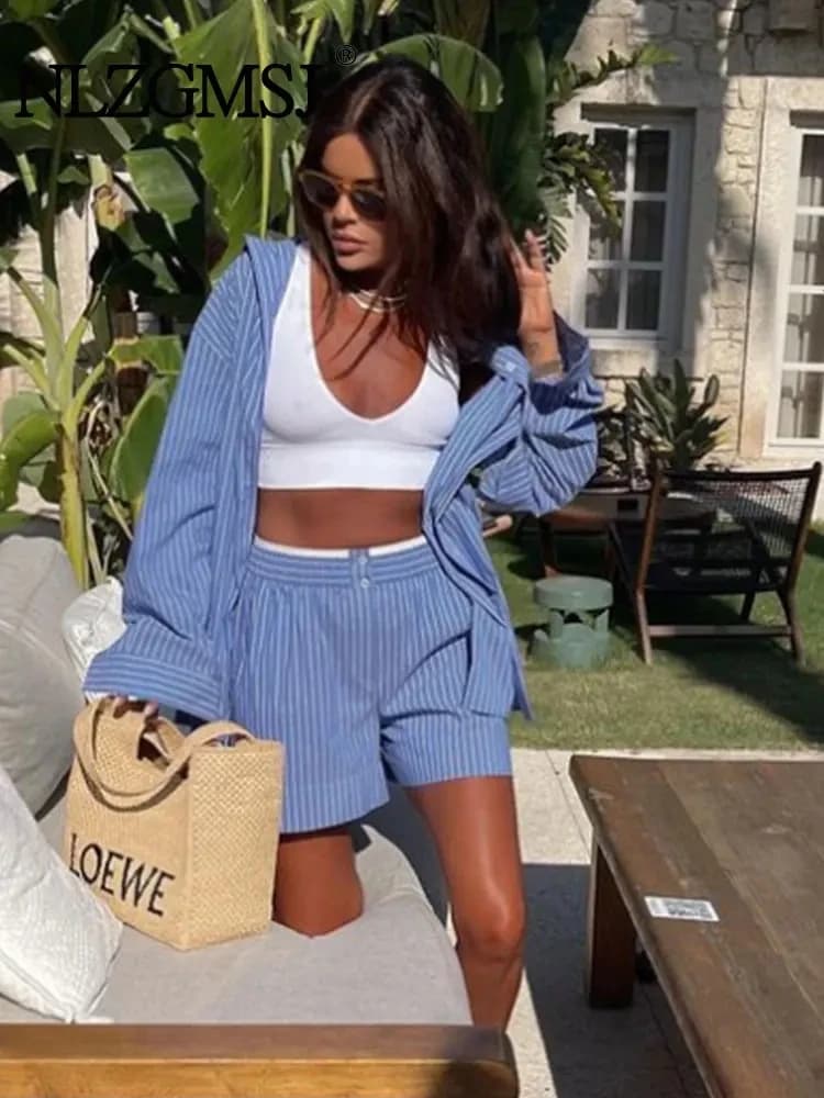 ZaZevity Women Sets Fashion Stripe Shirts Women Suit High Waist Shorts Women Sets 2 Piece Set Womens Outfits