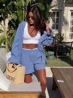 ZaZevity Women Sets Fashion Stripe Shirts Women Suit High Waist Shorts Women Sets 2 Piece Set Womens Outfits