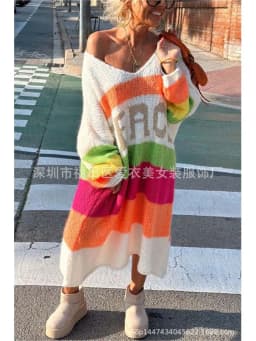 Rainbow Stripe Extra Long Knitted Sweaters Women Fashion Loose V-neck Knitting Maxi Pullover Sweater Female Autumn Winter New