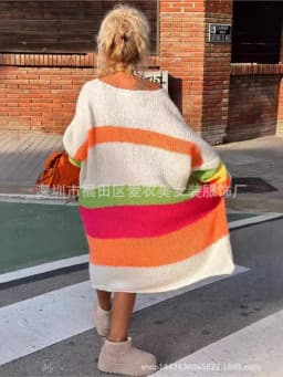 Rainbow Stripe Extra Long Knitted Sweaters Women Fashion Loose V-neck Knitting Maxi Pullover Sweater Female Autumn Winter New