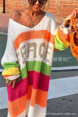 Rainbow Stripe Extra Long Knitted Sweaters Women Fashion Loose V-neck Knitting Maxi Pullover Sweater Female Autumn Winter New