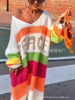 Rainbow Stripe Extra Long Knitted Sweaters Women Fashion Loose V-neck Knitting Maxi Pullover Sweater Female Autumn Winter New