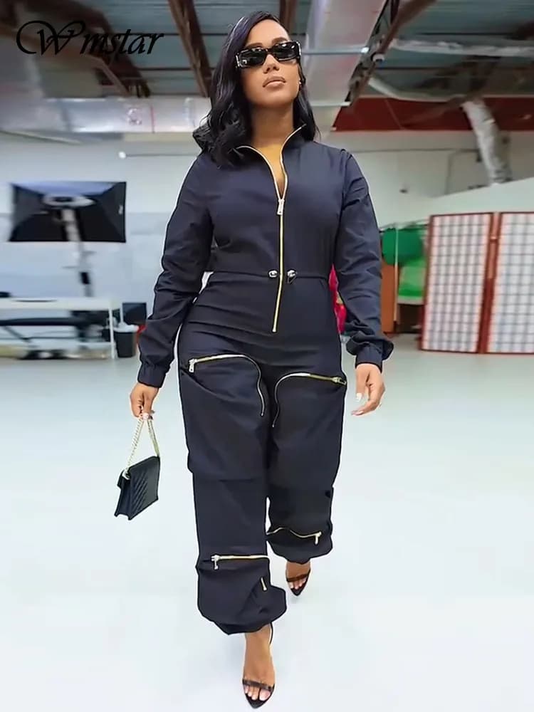 Wmstar Women Jumpsuit S-2XL Solid One Piece Outfits Zipper Cargo Bodysuit Fashion New in Fall Clothes Wholesale Drop Shipping