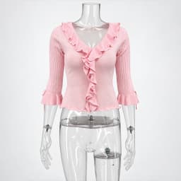Tuularose Pink Elegant Cardigan Women's Fashion Ruffled Patchwork Lace-Up Cardigan Top Casual Autumn Commuting Female Cardigan