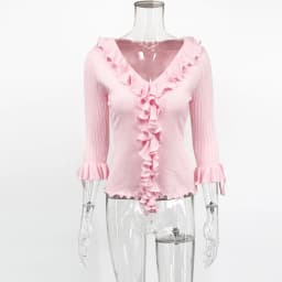 Tuularose Pink Elegant Cardigan Women's Fashion Ruffled Patchwork Lace-Up Cardigan Top Casual Autumn Commuting Female Cardigan