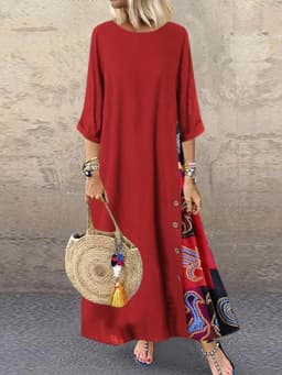 Women Vintage Harajuku Long Dress Bohemian Stitching Print 3/4 Sleeve O Neck Loose Oversized Maxi Dress Casual Elegant Robe
