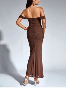 NewAsia Women's Off Shoulder Ruched Mesh Long Corset Dress Backless Fishbone Bodycon Elegant Fashion Party Club Maxi Dresses