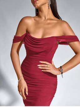 NewAsia Women's Off Shoulder Ruched Mesh Long Corset Dress Backless Fishbone Bodycon Elegant Fashion Party Club Maxi Dresses