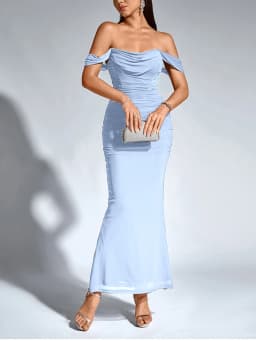 NewAsia Women's Off Shoulder Ruched Mesh Long Corset Dress Backless Fishbone Bodycon Elegant Fashion Party Club Maxi Dresses