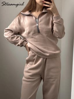 Gray Warm Fleece Suit For Women Winter Thick Velvet Pants Sets Sweatpants Sweatshirt Ladies Warrn Tracksuit Women Two Piece Set