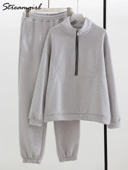 Gray Warm Fleece Suit For Women Winter Thick Velvet Pants Sets Sweatpants Sweatshirt Ladies Warrn Tracksuit Women Two Piece Set