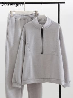 Gray Warm Fleece Suit For Women Winter Thick Velvet Pants Sets Sweatpants Sweatshirt Ladies Warrn Tracksuit Women Two Piece Set