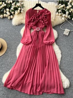 2026 Spring Autumn Fashion Elegant Dress for Women New French Mushroom Edge Crimping Loose Chiffon Long Sleeve Long Dress C141