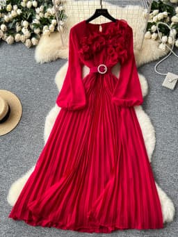 2026 Spring Autumn Fashion Elegant Dress for Women New French Mushroom Edge Crimping Loose Chiffon Long Sleeve Long Dress C141