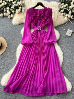 2026 Spring Autumn Fashion Elegant Dress for Women New French Mushroom Edge Crimping Loose Chiffon Long Sleeve Long Dress C141