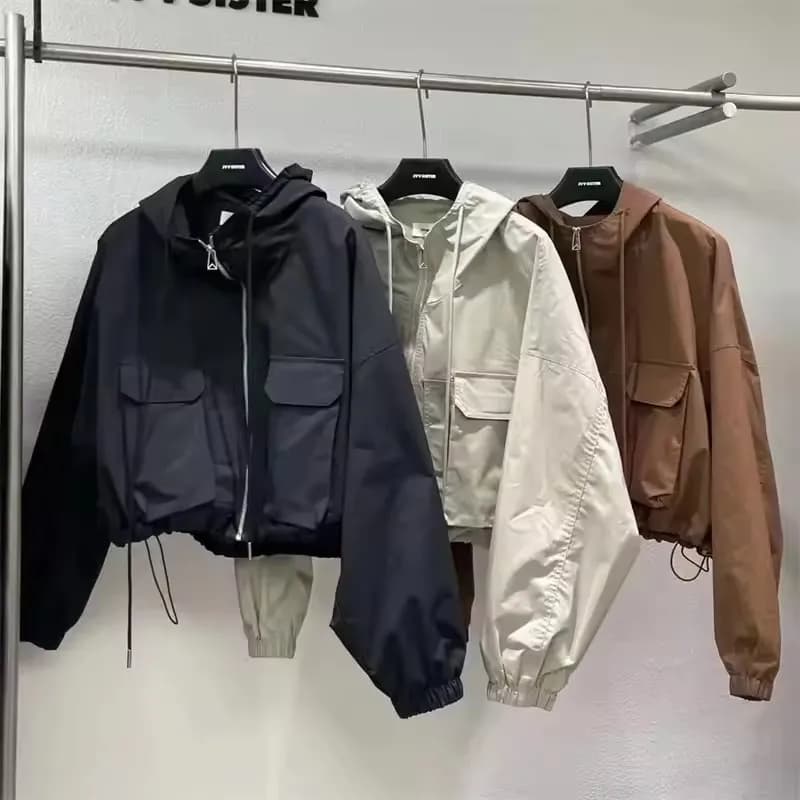2025  Fashion Women Jacket Windbreaker Hooded Zip-up Coat Autumn Vintage Outwear Korean Harajuku Cropped Basic Coat Streetwear