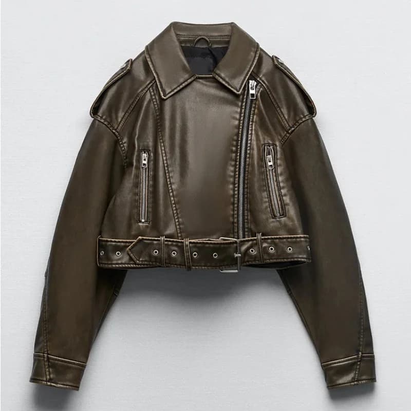 2025 Vintage Loose Pu Faux Leather Short Jacket with Belt Streetwear Female Zipper Retro Moto Biker Coat Outwear Tops