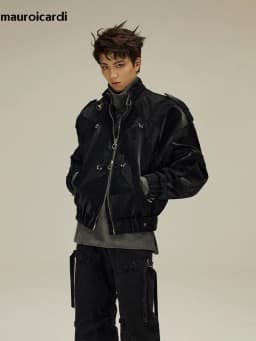 Mauroicardi Spring Autumn Cool Short Shiny Black Crocodile Print Pu Leather Jacket Men Luxury Designer Y2K Streetwear Clothes