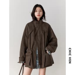 CHIC VEN New Women Suede Jackets Loose Retro Stand Up Collar Mid-length Ladies Casual Coat Female Overcoat Autumn Winter 2025