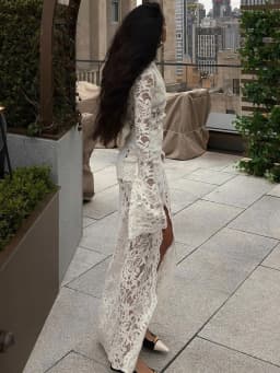 Sexy Lace Women's See-Through Curvy Dresses White Deep V Neck Bandage Slit Long Sleeve Maxi Dress 2025 Summer Evening Party Club