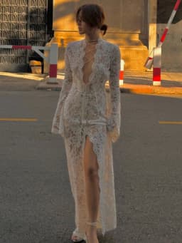 Sexy Lace Women's See-Through Curvy Dresses White Deep V Neck Bandage Slit Long Sleeve Maxi Dress 2025 Summer Evening Party Club
