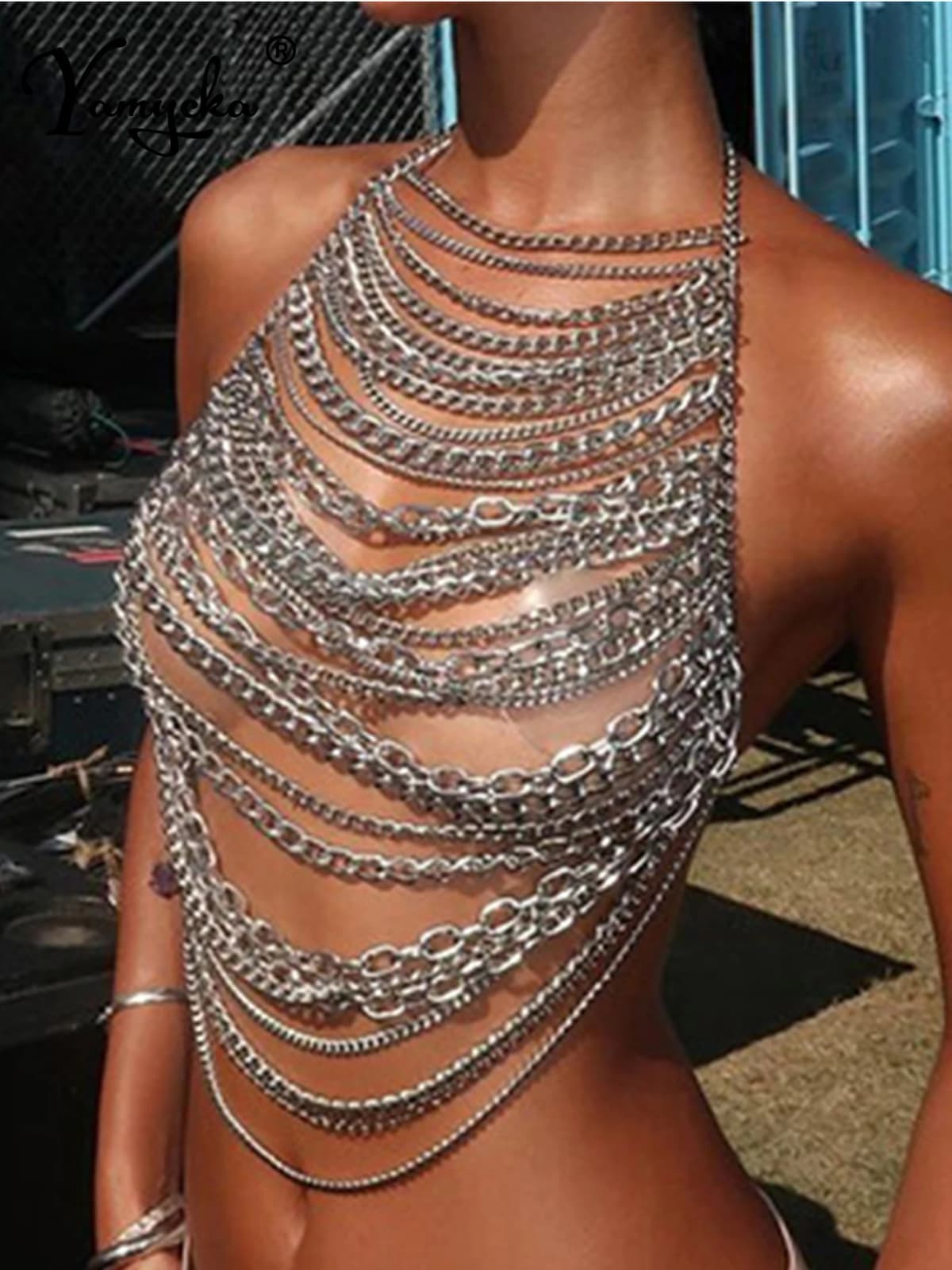 Sexy See Through Metal Chain Crop Top Women Summer Halter Tank Top Woman Clothing Cropped Club Party Tops Hotwife Rave Outfits