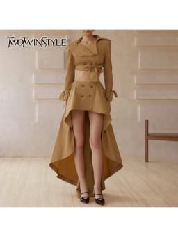 TWOTWINSTYLE Solid Spliced Double Breasted Two Piece Sets for Women Lapel Long Sleeves Short Top High Waist Skirt Set Female New