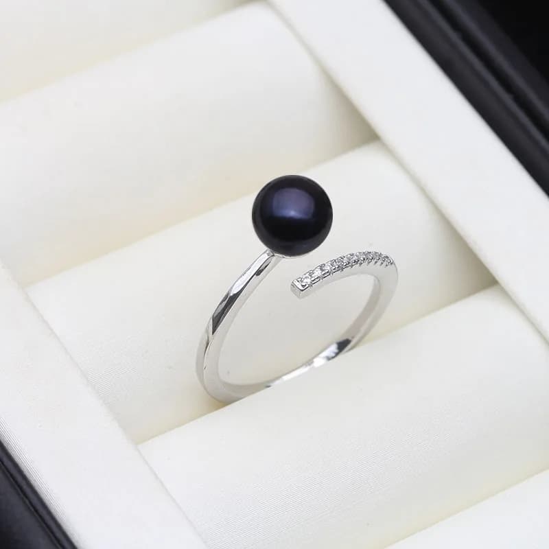 Real Freshwater Natural Black Pearl Rings,Vintage 925 Silver Adjustable Pearl Ring Mother Wife Birthday Gift White Pink Gray