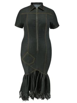Wmstar Denim Plus Size Dresses for Women Summer Solid Zipper Tassel Hem Fashion Elegant Maxi Dress Wholesale Dropshipping 2024