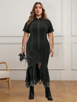Wmstar Denim Plus Size Dresses for Women Summer Solid Zipper Tassel Hem Fashion Elegant Maxi Dress Wholesale Dropshipping 2024