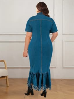 Wmstar Denim Plus Size Dresses for Women Summer Solid Zipper Tassel Hem Fashion Elegant Maxi Dress Wholesale Dropshipping 2024