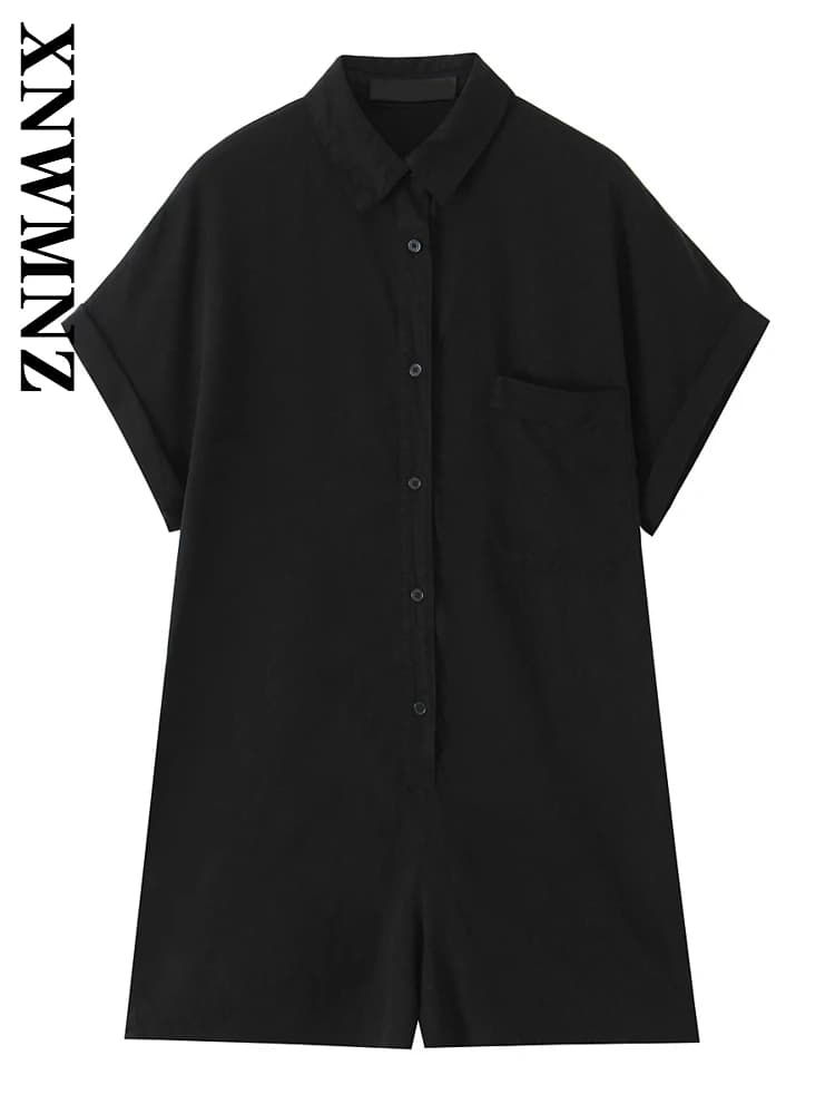 XNWMNZ 2025 Summer Women Clothing Casual Simple Turn-down Collar Short Sleeve Short Pants Fashion Jumpsuit Commuting High Waist