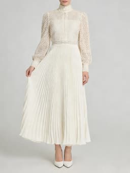 TWOTWINSTYLE Solid Hollow Out Spliced Embroidery Elegant Dresses for Women High Neck Long Sleeves Tunic Casual Dress Female New