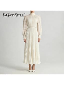 TWOTWINSTYLE Solid Hollow Out Spliced Embroidery Elegant Dresses for Women High Neck Long Sleeves Tunic Casual Dress Female New