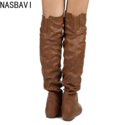 NASBAVI Over The Knee Boots Women Pu Elastic Boots Female Round Toe Shoes Concise Flat Shoes Autumn Winter 2025 Plus Size 34-48