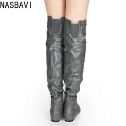 NASBAVI Over The Knee Boots Women Pu Elastic Boots Female Round Toe Shoes Concise Flat Shoes Autumn Winter 2025 Plus Size 34-48