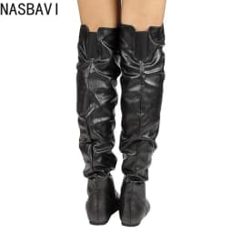NASBAVI Over The Knee Boots Women Pu Elastic Boots Female Round Toe Shoes Concise Flat Shoes Autumn Winter 2025 Plus Size 34-48