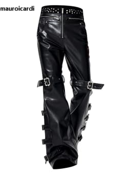 Mauroicardi Spring Autumn Cool Handsome Long Black Pu Leather Flare Pants for Men Rivet Luxury Designer Alternative Emo Clothes