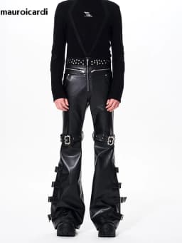 Mauroicardi Spring Autumn Cool Handsome Long Black Pu Leather Flare Pants for Men Rivet Luxury Designer Alternative Emo Clothes