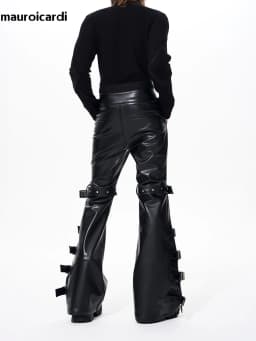 Mauroicardi Spring Autumn Cool Handsome Long Black Pu Leather Flare Pants for Men Rivet Luxury Designer Alternative Emo Clothes